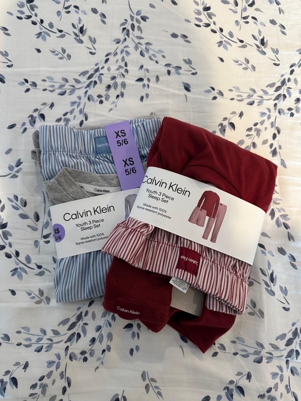 Calvin Klein Youth 3-Piece Pajama Set – Burgundy, Light Blue & Gray